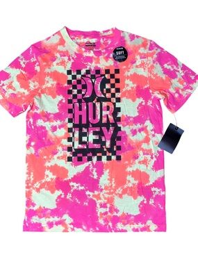 Hurley Neon Pink Yellow Orange Black Surf Logo Short Sleeve Shirt Boys Large NWT